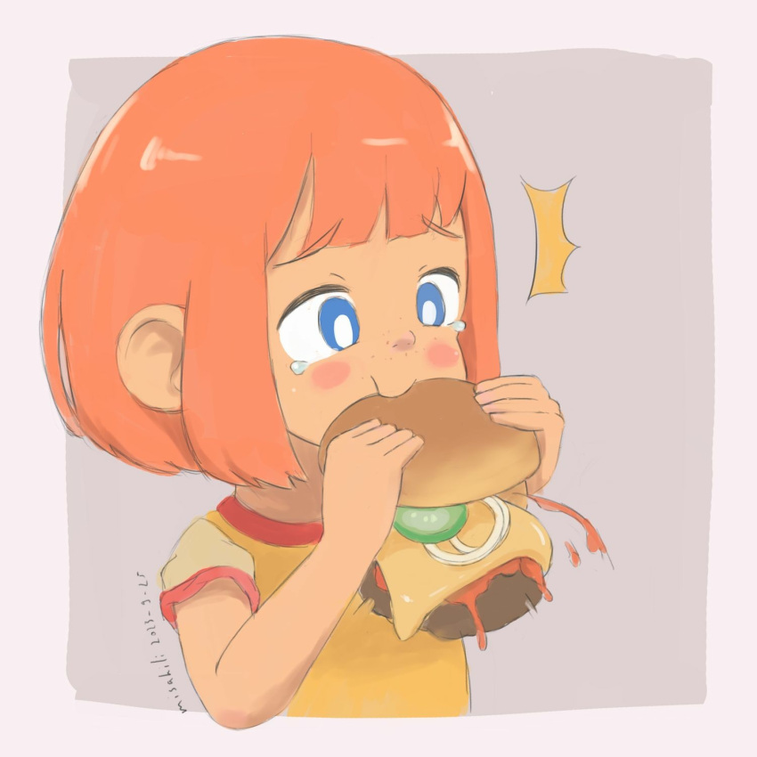 1girl blue_eyes burger child commentary daughter_(yoru_mac) eating english_commentary food food_bite freckles highres holding holding_burger holding_food mcdonald's misakili onion orange_hair pickle sad short_hair solo tagme tears yoru_mac