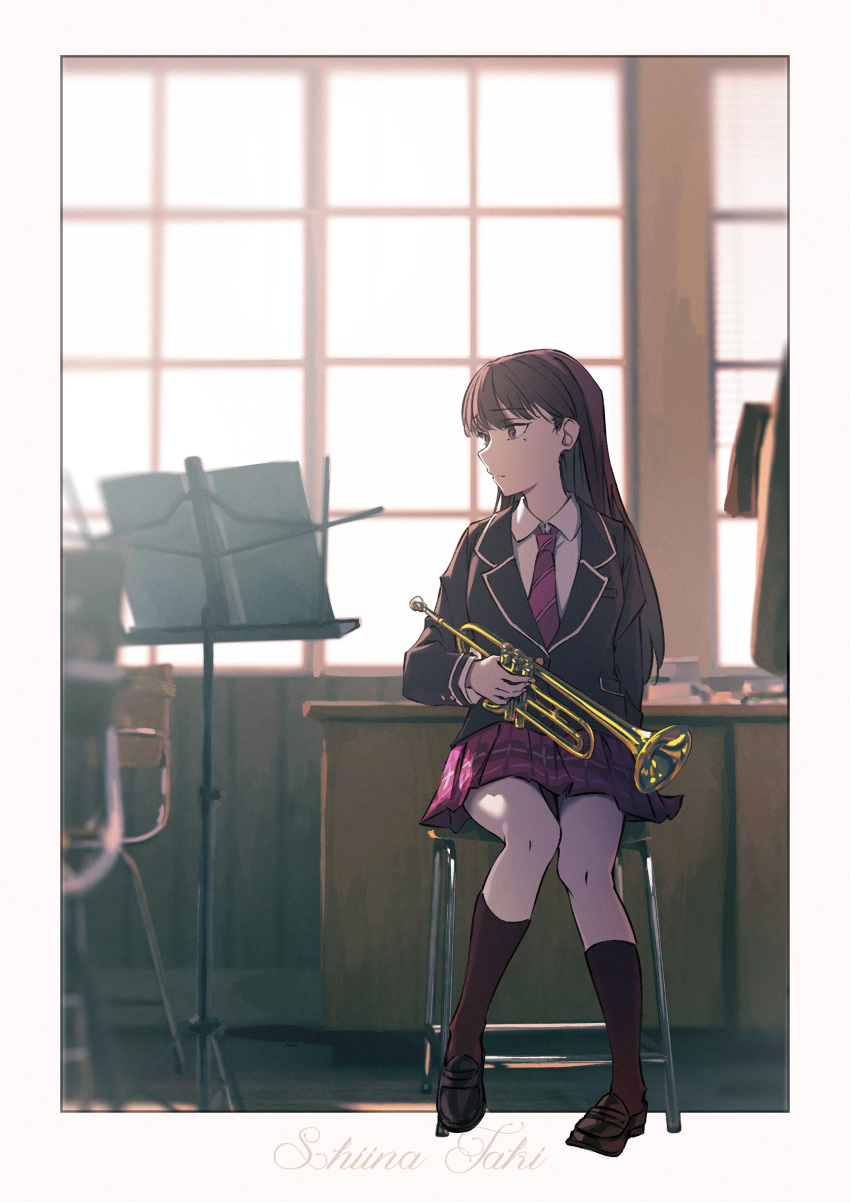 1girl absurdres bang_dream! bang_dream!_it's_mygo!!!!! black_footwear black_jacket black_socks brown_hair character_name closed_mouth commentary_request full_body highres holding holding_instrument indoors instrument jacket loafers long_hair mole mole_under_eye music_stand necktie pleated_skirt purple_eyes purple_necktie purple_skirt raito_taisha school_uniform shiina_taki shoes skirt socks solo trumpet