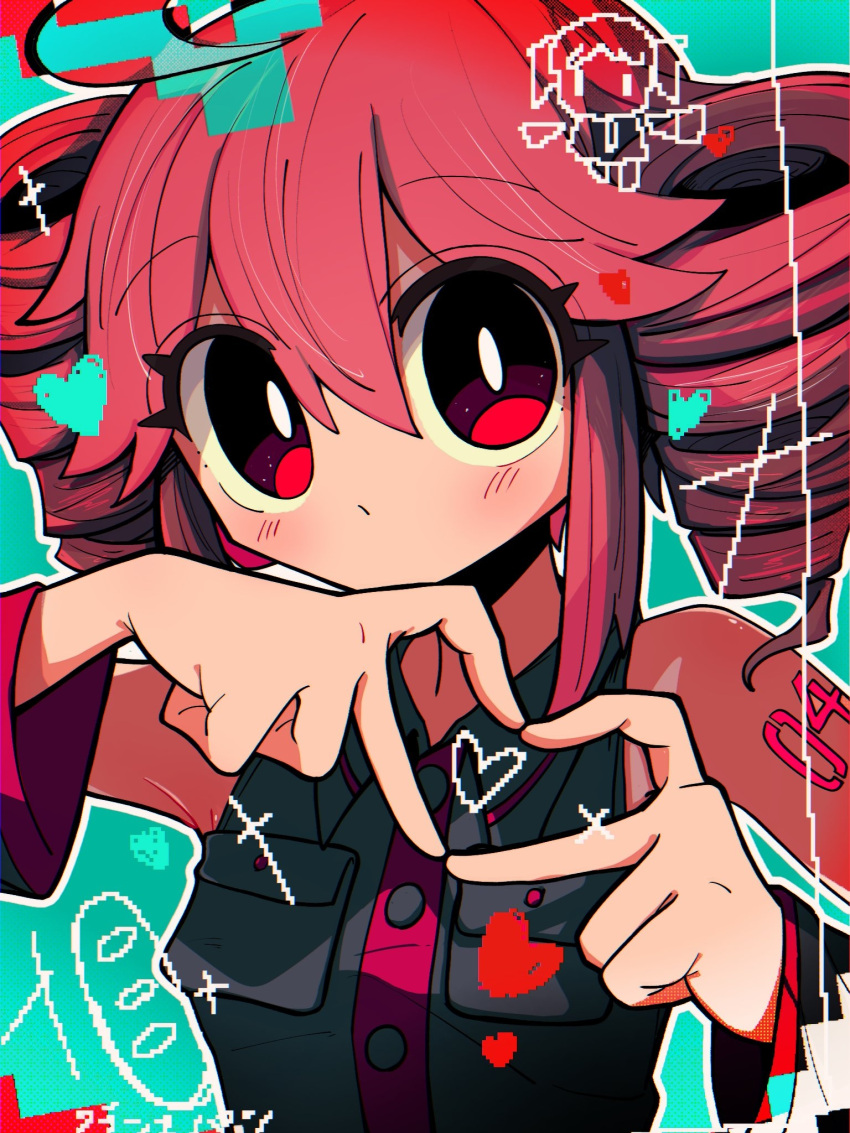 1girl aqua_background arm_tattoo bare_shoulders black_shirt black_sleeves blush bright_pupils buttons collared_shirt detached_sleeves drill_hair hair_between_eyes heart heart_hands heart_in_heart_hands highres kasane_teto looking_at_viewer medium_hair mukkusan no_mouth number_tattoo outline red_eyes red_hair red_trim shirt sleeveless sleeveless_shirt solo sparkle tattoo twin_drills upper_body utau white_outline white_pupils