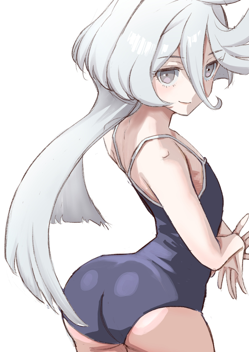 absurdres ahoge ass breasts grey_eyes gundam gundam_suisei_no_majo highres long_hair looking_at_viewer miorine_rembran one-piece_swimsuit school_swimsuit small_breasts smile swimsuit syunbow white_hair