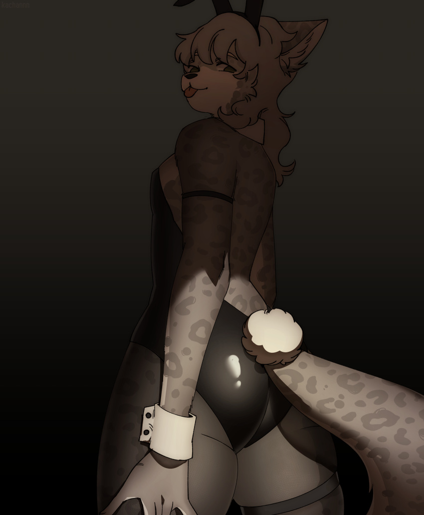absurd_res anthro armwear blep bunny_costume butt clothing costume felid femboy hi_res male mammal pantherine presenting presenting_hindquarters rear_view selene_(selene) snow_leopard solo tongue tongue_out