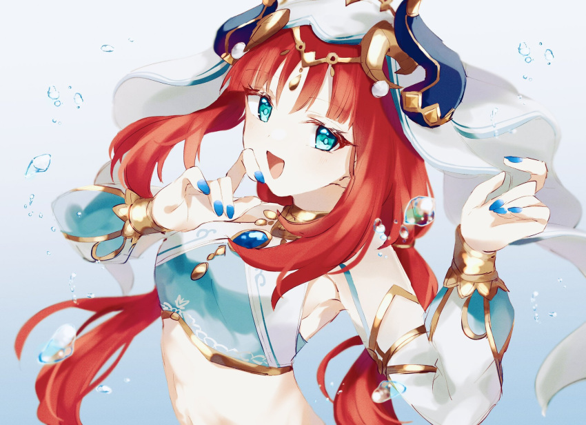 1girl arabian_clothes blue_eyes blue_nails breasts crop_top dancer fake_horns genshin_impact highres horns long_hair looking_at_viewer medium_breasts midriff nekorin_chu nilou_(genshin_impact) open_mouth red_eyes solo twintails upper_body
