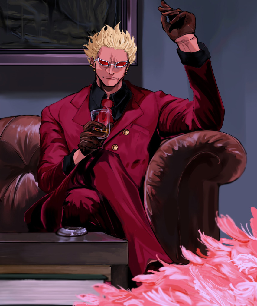 1boy arm_up ashtray black_shirt blonde_hair brown_gloves coat commentary couch crossed_legs cup donquixote_doflamingo drinking_glass earrings edgegeno feather_coat gloves highres holding holding_cup indoors jewelry looking_at_viewer male_focus necktie on_couch one_piece painting_(object) pants pink_coat red_necktie red_pants red_suit shirt short_hair sitting solo suit sunglasses symbol-only_commentary table wine_glass