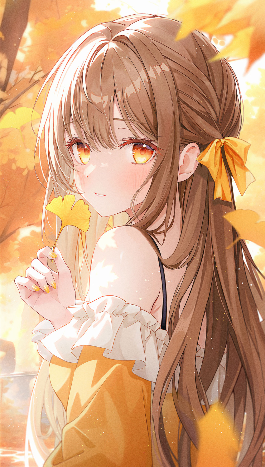 1girl absurdres autumn autumn_leaves blurry blurry_foreground blush branch breasts brown_hair commentary_request depth_of_field frilled_shirt frills funii ginkgo_leaf hair_intakes hand_up highres leaf long_hair looking_at_viewer looking_to_the_side medium_breasts nail_polish off-shoulder_shirt off_shoulder orange_eyes orange_shirt original parted_lips shirt solo tree upper_body very_long_hair yellow_nails