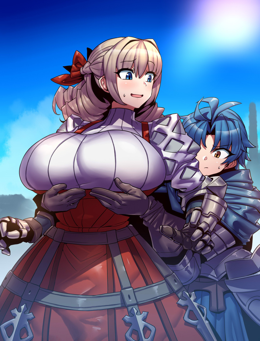 1boy 1girl absurdres alain_(unicorn_overlord) alternate_breast_size alternate_eye_color armor blonde_hair blue_eyes blue_hair blush braid breasts brown_eyes commission dress drill_hair embarrassed gauntlets grabbing grabbing_another's_breast grabbing_from_behind groping hair_intakes hair_ribbon hetero highres huge_breasts long_hair open_mouth red_dress ribbon scarlett_(unicorn_overlord) short_hair skeb_commission sweat sweater textless_version tukiwani turtleneck turtleneck_sweater unicorn_overlord