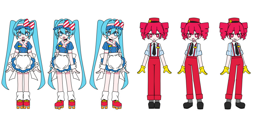2girls absurdres apron back_bow black_footwear black_necktie blue_dress blue_eyes blue_hair blush_stickers bow channel_(_caststation) collar collared_shirt dress drill_hair frilled_dress frills gloves grey_socks hat hat_bow hatsune_miku highres kasane_teto long_hair loose_socks mesmerizer_(vocaloid) multiple_girls name_tag necktie open_mouth pants puffy_short_sleeves puffy_sleeves red_eyes red_footwear red_hair red_hat red_pants reference_sheet roller_skates shirt short_sleeves skates smile smiley_face socks sparkling_eyes striped_bow striped_clothes striped_dress striped_shirt suspenders twin_drills twintails utau vertical-striped_clothes vertical-striped_dress vertical-striped_shirt very_long_hair visor_cap vocaloid waist_apron white_apron white_collar white_socks wrist_cuffs yellow_gloves