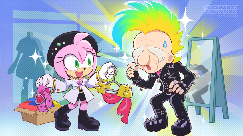 1boy 1girl alternate_hairstyle amy_rose artist_request bad_source belt black_footwear black_hat black_jacket boots box clothes_hanger fingerless_gloves full_body gloves green_eyes hat highres jacket leather leather_jacket mirror mohawk official_art old old_man professor_pickle shoulder_spikes sonic_(series) sonic_unleashed sparkle spiked_gloves spikes standing sweat white_gloves
