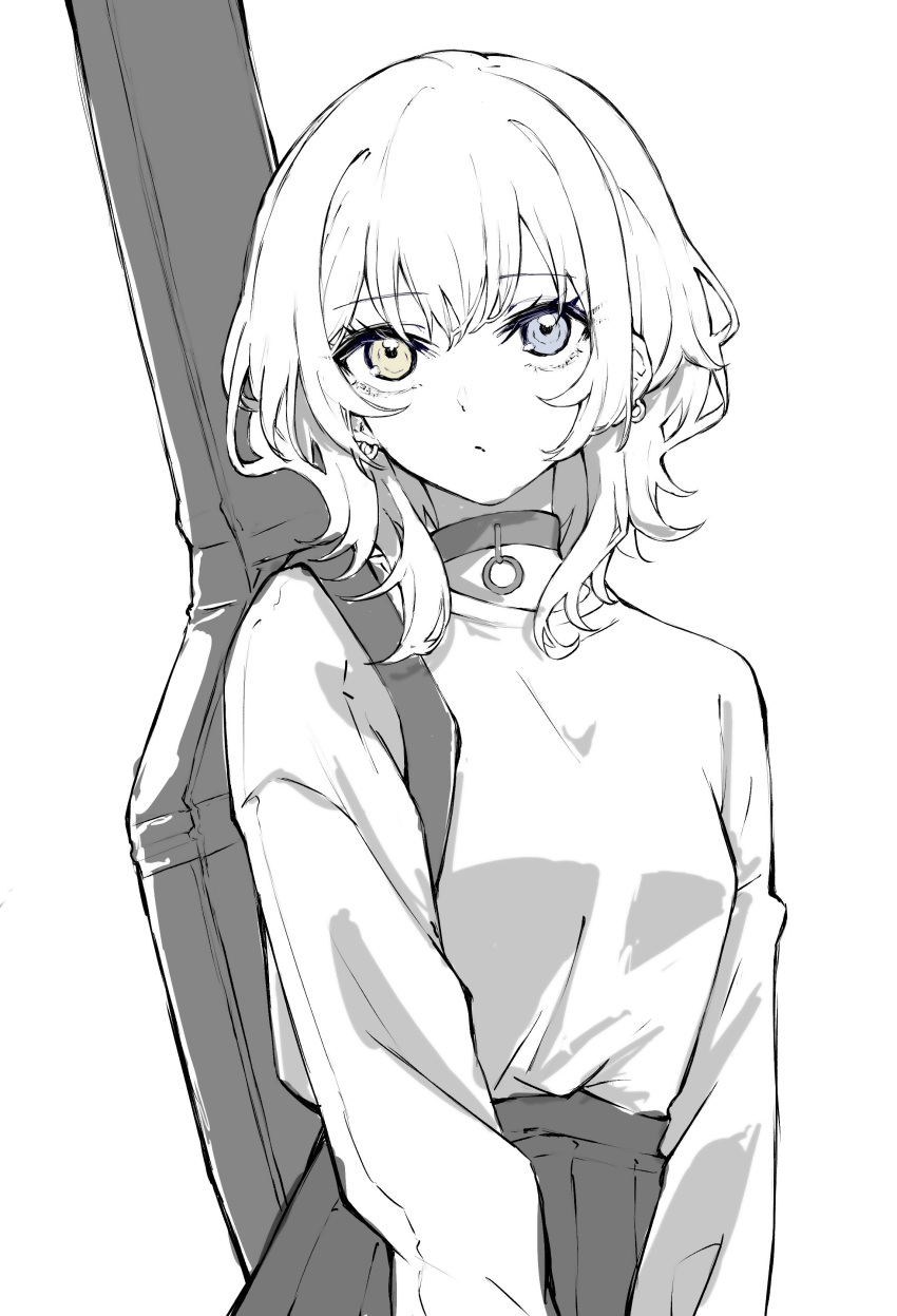 1girl absurdres bang_dream! bang_dream!_it's_mygo!!!!! blue_eyes breasts choker closed_mouth commentary_request cowboy_shot earrings greyscale heterochromia highres instrument_case instrument_on_back jewelry kaname_raana long_sleeves looking_at_viewer medium_hair monochrome nuruponnu pleated_skirt shirt shirt_tucked_in simple_background skirt small_breasts solo spot_color white_background wolf_cut yellow_eyes