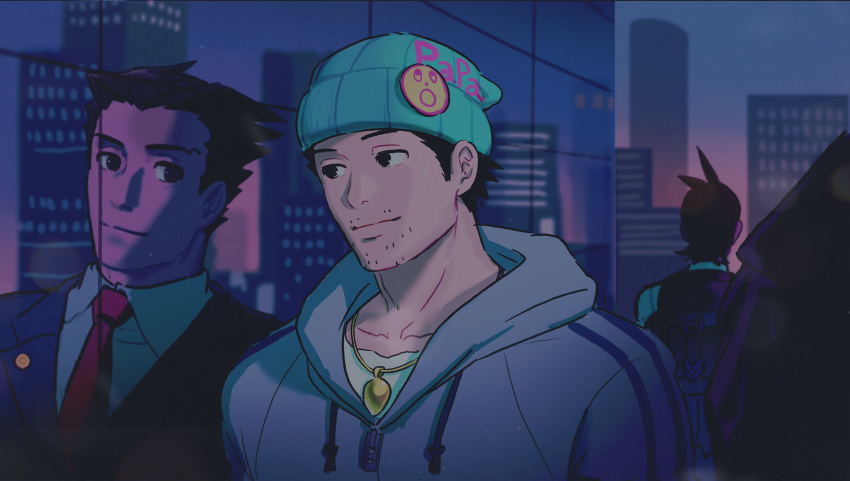 2boys ace_attorney apollo_justice apollo_justice:_ace_attorney bad_id bad_twitter_id beanie black_eyes black_hair blue_hat blue_jacket building city closed_mouth collared_shirt different_reflection dual_persona facial_hair facing_away grey_hoodie hat highres hood hood_down hoodie inactive_account jacket jewelry looking_at_another male_focus medallion multiple_boys necklace necktie outdoors phoenix_wright red_necktie reflection reflective_surface shirt short_hair smile spiked_hair stubble tile_wall tiles upper_body vivi95862484 white_shirt