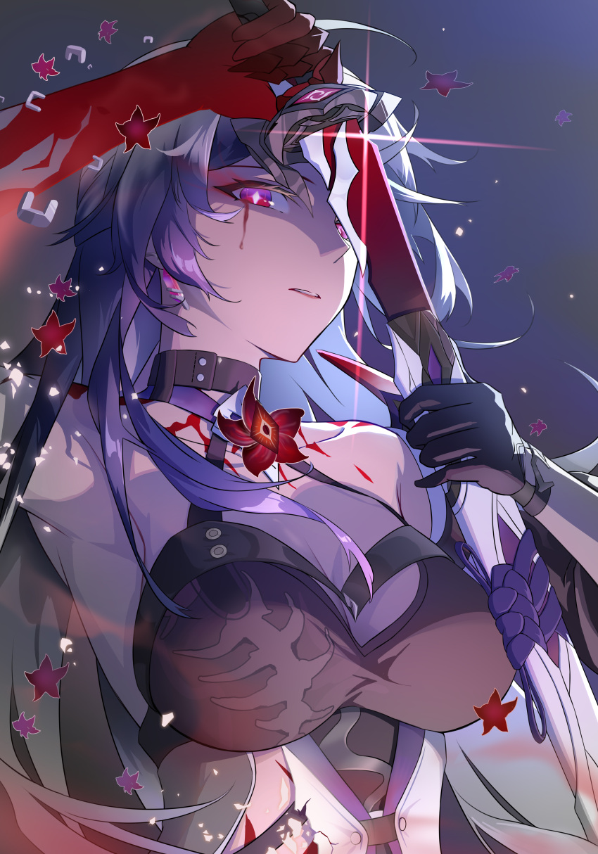 1girl absurdres acheron_(honkai:_star_rail) arm_up armpits black_choker black_gloves blackuey blood blood_from_eyes body_markings breasts choker cleavage detached_sleeves earrings flower gloves gradient_hair hair_over_one_eye highres holding holding_sword holding_weapon honkai:_star_rail honkai_(series) jewelry katana long_hair multicolored_hair purple_hair red_eyes red_flower revision single_bare_shoulder single_earring solo sword weapon white_hair