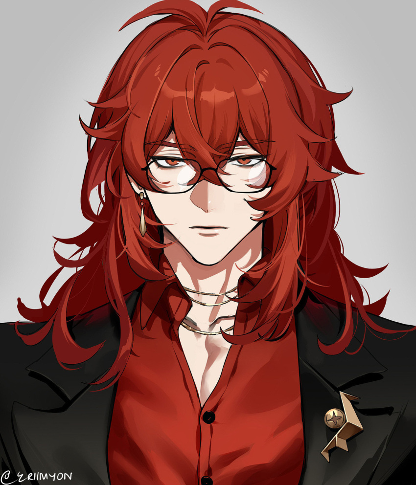 1boy alternate_costume black_suit closed_mouth collared_shirt diluvio earrings eriimyon genshin_impact glasses highres jewelry long_hair male_focus necklace red_eyes red_hair red_shirt shirt simple_background solo suit white_background