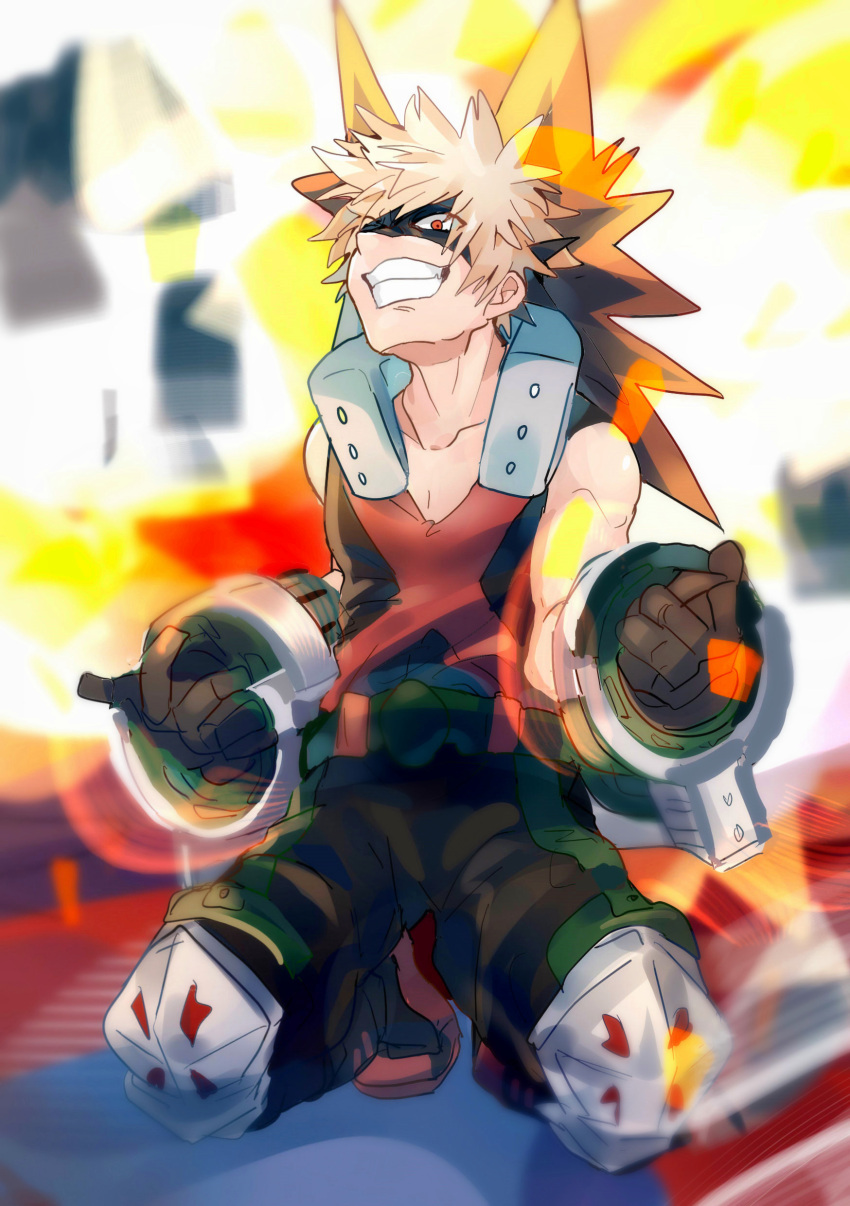 1boy absurdres bakugou_katsuki bare_shoulders belt black_mask black_pants black_tank_top blonde_hair boku_no_hero_academia boots buckle collarbone combat_boots commentary commentary_request detached_sleeves explosion explosive eye_mask gloves grenade hands_up headgear highres knee_pads male_focus mm1221352 outdoors pants red_eyes short_hair smile solo spiked_hair tank_top