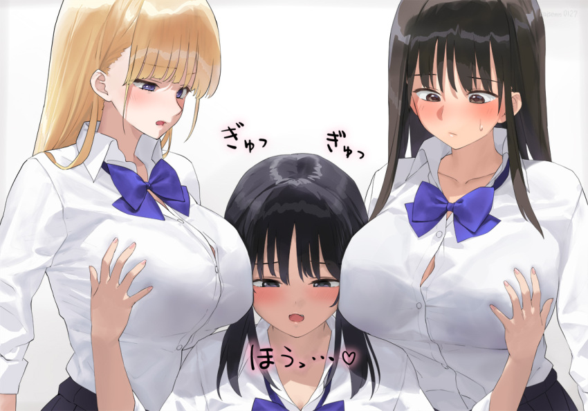 3girls black_hair black_skirt blonde_hair blue_bow blue_bowtie blue_eyes blush bow bowtie breasts closed_mouth collarbone collared_shirt commentary_request kaisen_chuui large_breasts long_hair long_sleeves looking_at_another multiple_girls open_mouth original school_uniform shirt shirt_tucked_in simple_background skirt upper_body white_background white_shirt