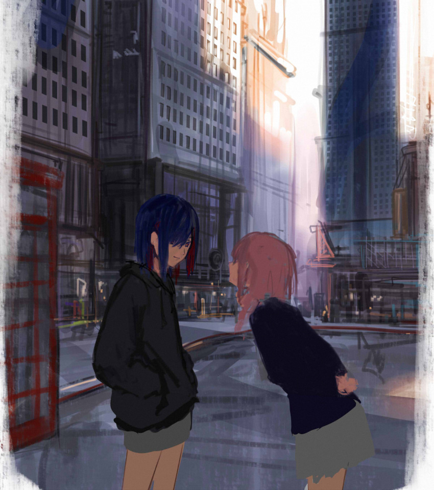 2girls arms_behind_back black_hoodie black_jacket blue_eyes blue_hair border building city colored_inner_hair day eye_contact grey_skirt hair_over_one_eye hair_over_shoulder highres hood hood_down hoodie isshiki_(ffmania7) jacket kaf_(kamitsubaki_studio) kamitsubaki_studio leaning_forward long_hair long_sleeves looking_at_another medium_hair multicolored_eyes multicolored_hair multiple_girls one_eye_covered outdoors phone_booth pillarboxed pink_hair pleated_skirt profile red_hair rim_(kamitsubaki_studio) skirt skyscraper urban virtual_youtuber white_border