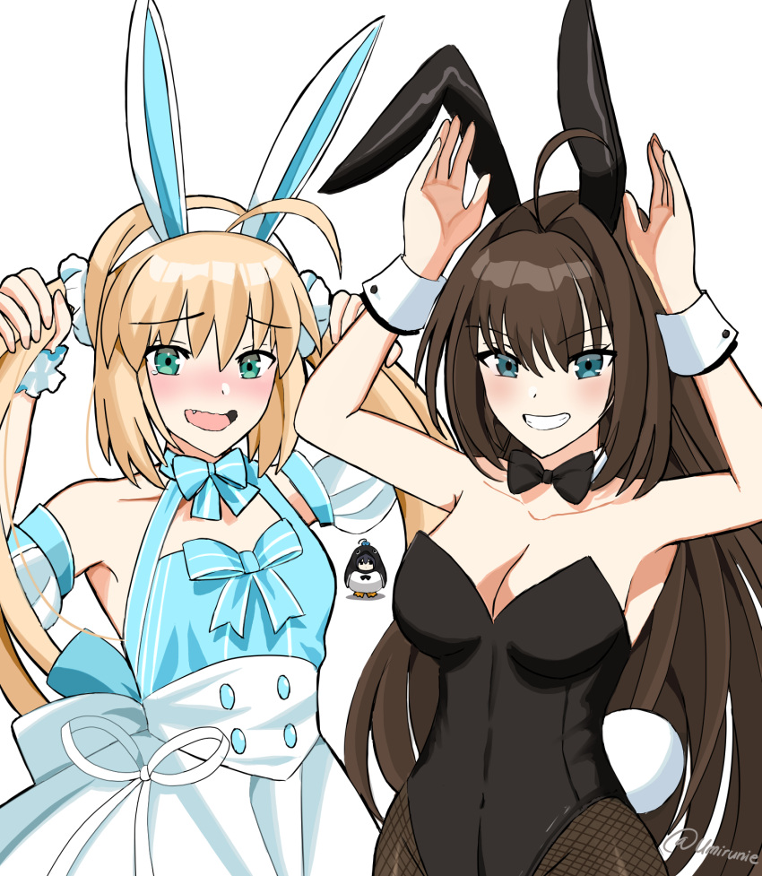 2girls ahoge animal_ears aozaki_aoko arms_up artoria_caster_(fate) artoria_caster_(swimsuit)_(fate) artoria_caster_(swimsuit)_(second_ascension)_(fate) artoria_pendragon_(fate) bare_shoulders black_leotard blonde_hair blue_dress blue_eyes blush bow bowtie breasts brown_hair brown_pantyhose detached_collar dress fake_animal_ears fake_tail fate/grand_order fate_(series) fishnet_pantyhose fishnets green_eyes grin hairband highleg highleg_leotard highres leotard long_hair looking_at_viewer mahou_tsukai_no_yoru multiple_girls open_mouth pantyhose playboy_bunny puffy_short_sleeves puffy_sleeves rabbit_ears rabbit_tail short_sleeves skirt small_breasts smile tail twintails umirunie white_skirt wrist_cuffs