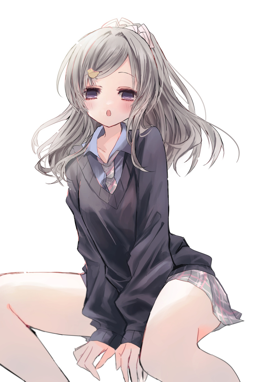 1girl :o absurdres bare_legs bird_hair_ornament black_sweater blue_shirt blush collarbone feet_out_of_frame grey_hair gyaru hair_ornament highres idolmaster idolmaster_shiny_colors invisible_chair kasasabi_(fixakaraka) kogal long_sleeves looking_at_viewer miniskirt open_collar plaid plaid_skirt purple_eyes school_uniform shirt simple_background sitting skirt solo sweater swept_bangs white_background yukoku_kiriko