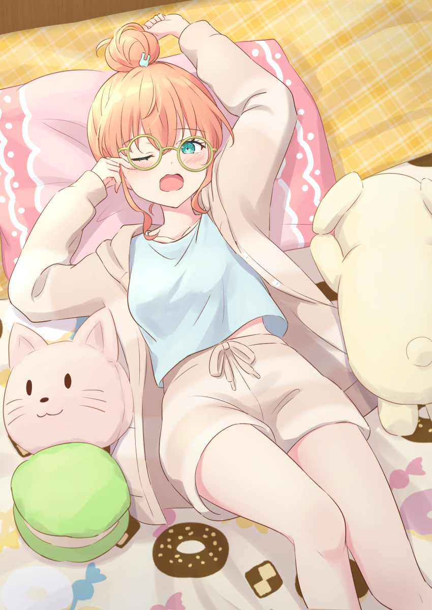 1girl absurdres aqua_eyes arms_up blue_shirt breasts brown_jacket brown_shorts collarbone commentary_request crossed_bangs drawstring food from_above hair_bun hair_ornament head_on_pillow highres hinoshita_kaho jacket knee_up link!_like!_love_live! looking_at_viewer loungewear love_live! lying macaron medium_breasts midriff_peek on_back one_eye_closed open_mouth orange_hair rabbit_hair_ornament rubbing_eyes shirt short_hair short_shorts shorts sidelocks single_hair_bun solo stuffed_animal stuffed_dog stuffed_toy tied_drawstring virtual_youtuber waking_up wavy_mouth yawning yutuki_ame