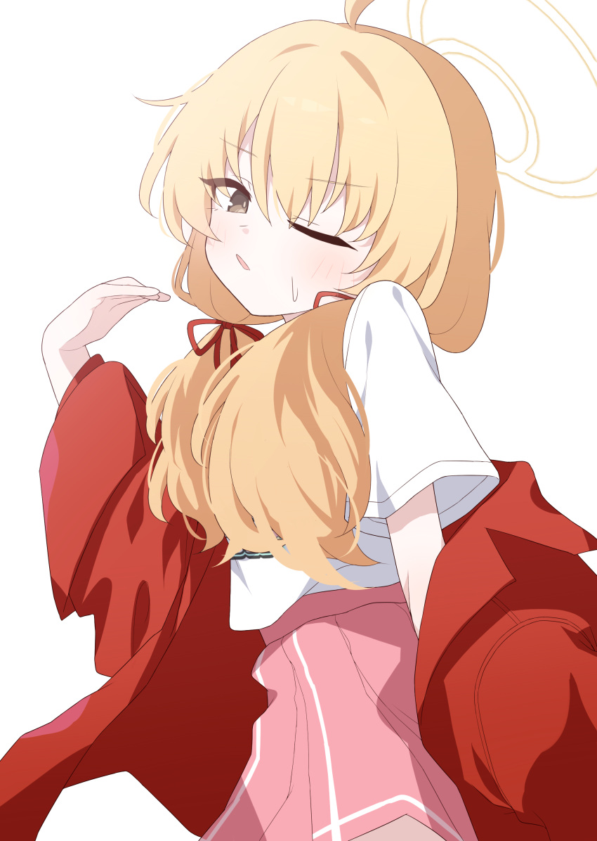 1girl absurdres ahoge blonde_hair blue_archive brown_eyes collared_jacket commentary_request fluffy_hair from_side hagoonha hair_over_shoulder hair_ribbon halo hand_up head_tilt highres jacket long_hair low_twintails off_shoulder one_eye_closed open_mouth parted_bangs parted_lips pink_skirt plaid plaid_skirt pleated_skirt pleated_sleeves red_jacket red_ribbon ribbon shirt short_sleeves sidelocks simple_background skirt solo sweat sweatdrop swept_bangs twintails white_background white_shirt wide_sleeves yellow_halo yoshimi_(blue_archive)