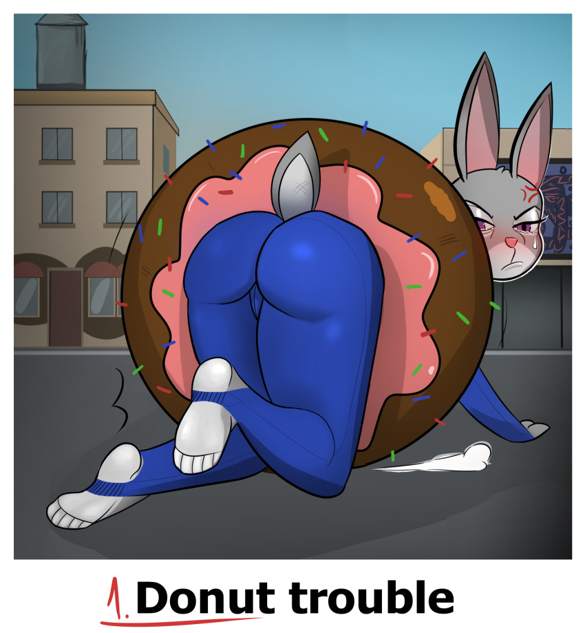 anthro bodily_fluids butt butt_focus city city_background clothed clothing croqs crying defeated disney embarrassed embrace feet female food foot_fetish fur grey_body grey_fur hi_res judy_hopps judy_stuck_in_donut_redraw kneeling lagomorph leporid mammal paws public rabbit solo tears text zootopia