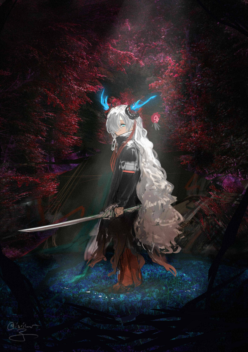 1girl adapted_costume antlers black_coat blue_eyes blue_flower boots coat expressionless familiar field flower flower_field foliage from_side full_body glowing_horns grey_hair hair_ornament hair_over_one_eye high_collar highres holding holding_sword holding_weapon horns isekai_joucho isshiki_(ffmania7) kamitsubaki_studio light long_hair long_sleeves looking_to_the_side multicolored_hair one_eye_covered outdoors red_footwear red_hair solo streaked_hair sword very_long_hair virtual_youtuber weapon zipper_pull_tab