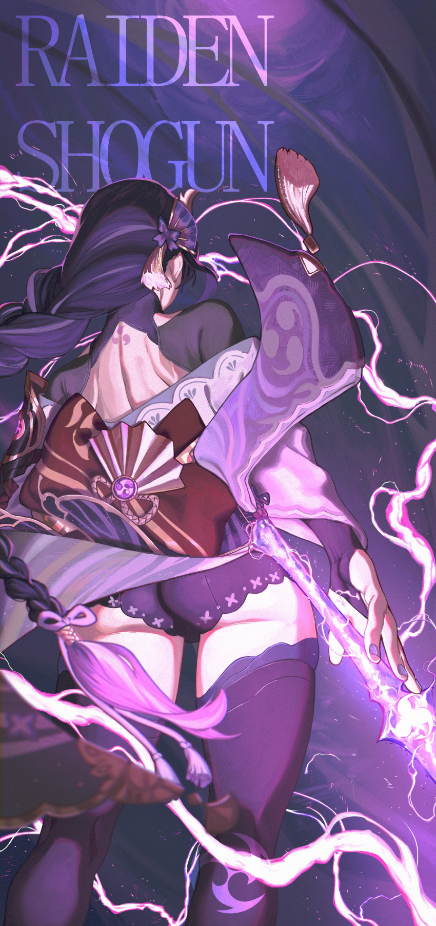 1girl absurdres ass back back_tattoo black_shrug character_name electricity from_behind genshin_impact glowing glowing_sword glowing_weapon hair_ornament highres japanese_clothes kimono long_hair low-braided_long_hair low-tied_long_hair musou_isshin_(genshin_impact) off_shoulder purple_hair purple_kimono purple_theme purple_thighhighs raiden_shogun sadkoe short_kimono solo tattoo thighhighs tomoe_(symbol) underbutt weapon