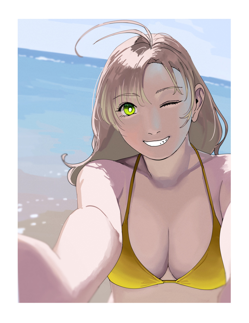 1girl absurdres antenna_hair beach bikini blue_sky blurry breasts cloud day depth_of_field green_eyes grey_hair grin highres horizon kantai_collection kinugasa_(kancolle) kinugasa_kai_ni_(kancolle) medium_breasts medium_hair ocean ojipon one_eye_closed outdoors reaching reaching_towards_viewer sky smile solo swimsuit upper_body yellow_bikini