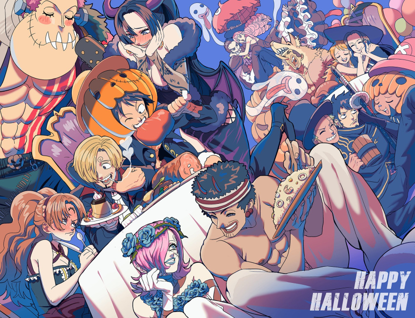 6+boys 6+girls abs arm_tattoo bags_under_eyes bat_wings black_dress black_eyes black_gloves black_hair black_jacket black_pants blonde_hair blue_eyes blue_flower blue_lips blunt_bangs blush boa_hancock boots bracelet breasts brother_and_sister brown_hair cape chair charlotte_katakuri charlotte_pudding cigarette cleavage closed_eyes collarbone cosplay couple cross-laced_clothes cross-laced_dress curly_eyebrows dark-skinned_male dark_skin detached_sleeves dracule_mihawk dress drill_hair earrings eating english_commentary english_text facial_hair fangs floral_print flower food frankenstein's_monster frankenstein's_monster_(cosplay) frilled_dress frills full-face_blush fur_trim ghost giant giant_male gin_(one_piece) gloves goatee green_dress grin hair_ornament hair_over_one_eye halloween_costume happy happy_halloween hat head_wreath heart height_difference hetero highres holding holding_knife holding_spoon holding_umbrella horns jack-o'-lantern jacket jewelry knife large_breasts light_smile lips long_hair long_sleeves looking_at_another meat monkey_d._luffy multiple_boys multiple_girls muscular muscular_male mustache nami_(one_piece) nico_robin nipples object_through_head one_eye_closed one_piece open_clothes pants pectorals perona pink_hair pudding pumpkin revealing_clothes rita_ya roronoa_zoro sanji_(one_piece) scar scar_on_cheek scar_on_face screw_in_head shirt short_hair siblings size_difference smile spoon standing stitched_mouth stitches sword table tattoo teeth thighs third_eye tony_tony_chopper top_hat topless_male trafalgar_law twintails two-tone_dress umbrella usopp vampire_costume very_long_hair vinsmoke_reiju watch weapon werewolf_costume white_dress white_gloves white_pants white_shirt wings witch witch_hat wristwatch