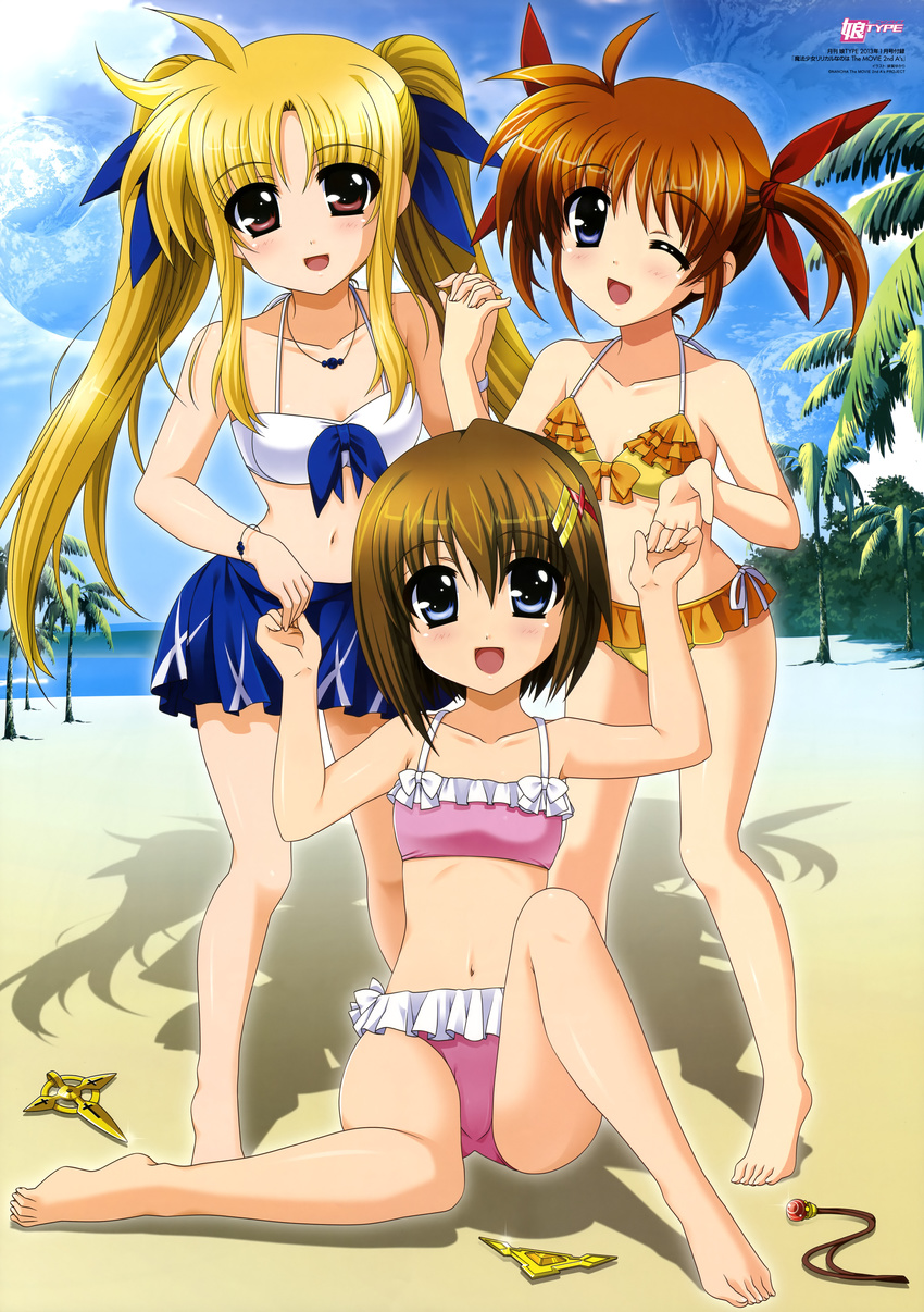 absurdres bardiche barefoot beach bikini blue_eyes brown_hair cloud day fate_testarossa feet hair_ornament hairclip higa_yukari highres holding_hands huge_filesize legs long_hair lyrical_nanoha mahou_shoujo_lyrical_nanoha mahou_shoujo_lyrical_nanoha_a's mahou_shoujo_lyrical_nanoha_the_movie_2nd_a's multiple_girls non-web_source nyantype ocean official_art one_eye_closed open_mouth outdoors raising_heart red_eyes scan schwertkreuz short_hair short_twintails sky swimsuit takamachi_nanoha twintails very_long_hair water x_hair_ornament yagami_hayate