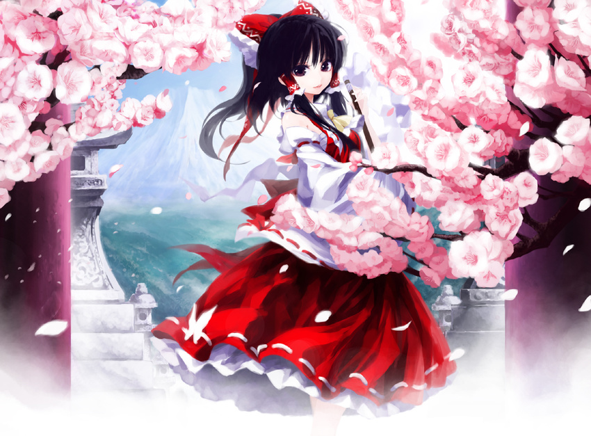 black_hair blush bow brown_eyes cherry_blossoms detached_sleeves gohei hair_bow hair_tubes hakurei_reimu iseki_(kuroshura_no_tabiji) long_hair mountain petals ribbon skirt smile solo touhou tree