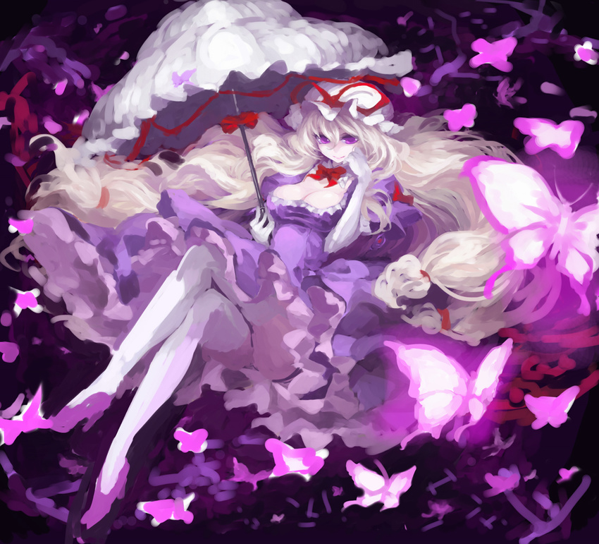 blonde_hair bow breasts bug butterfly cleavage dress elbow_gloves gloves hair_bow hat hat_ribbon insect iseki_(kuroshura_no_tabiji) large_breasts long_hair purple_eyes ribbon sitting smile solo thighhighs touhou white_gloves white_legwear yakumo_yukari