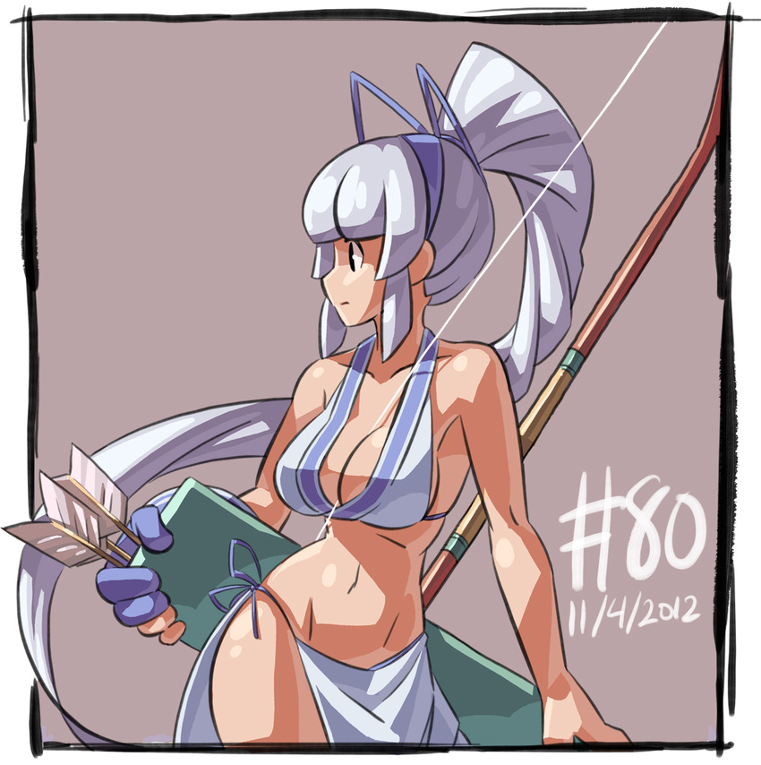 2012 arrow blue_eyes bow_(weapon) breasts cleavage contrapposto dated gloves hairband junkpuyo large_breasts long_hair majikina_mina ponytail quiver ribbon samurai_spirits sarong sideboob single_glove snk solo standing tan very_long_hair weapon white_hair white_sarong