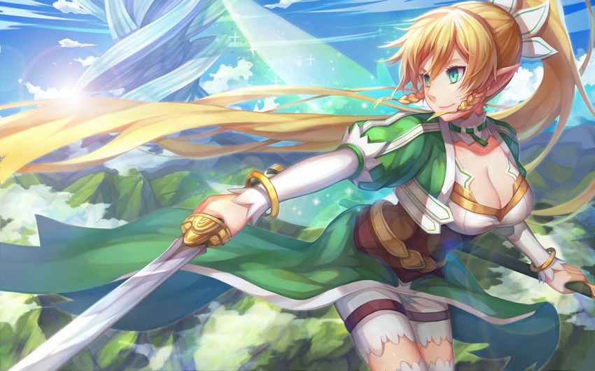 bent_over blonde_hair blue_sky braid breasts choukoukou_no_diaosi cleavage cleavage_cutout cloud day green_eyes hair_ornament high_ponytail highres holding holding_sword holding_weapon large_breasts leafa lens_flare long_hair mountain pointy_ears ponytail sky smile solo sparkle sword sword_art_online twin_braids very_long_hair weapon