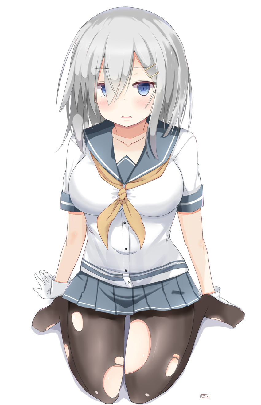 black_legwear blouse blue_eyes breasts gloves hair_ornament hair_over_one_eye hairclip hamakaze_(kantai_collection) highres kantai_collection large_breasts open_mouth pantyhose pinoaisu pleated_skirt school_uniform serafuku short_hair short_sleeves silver_hair skirt solo torn_clothes torn_legwear white_gloves