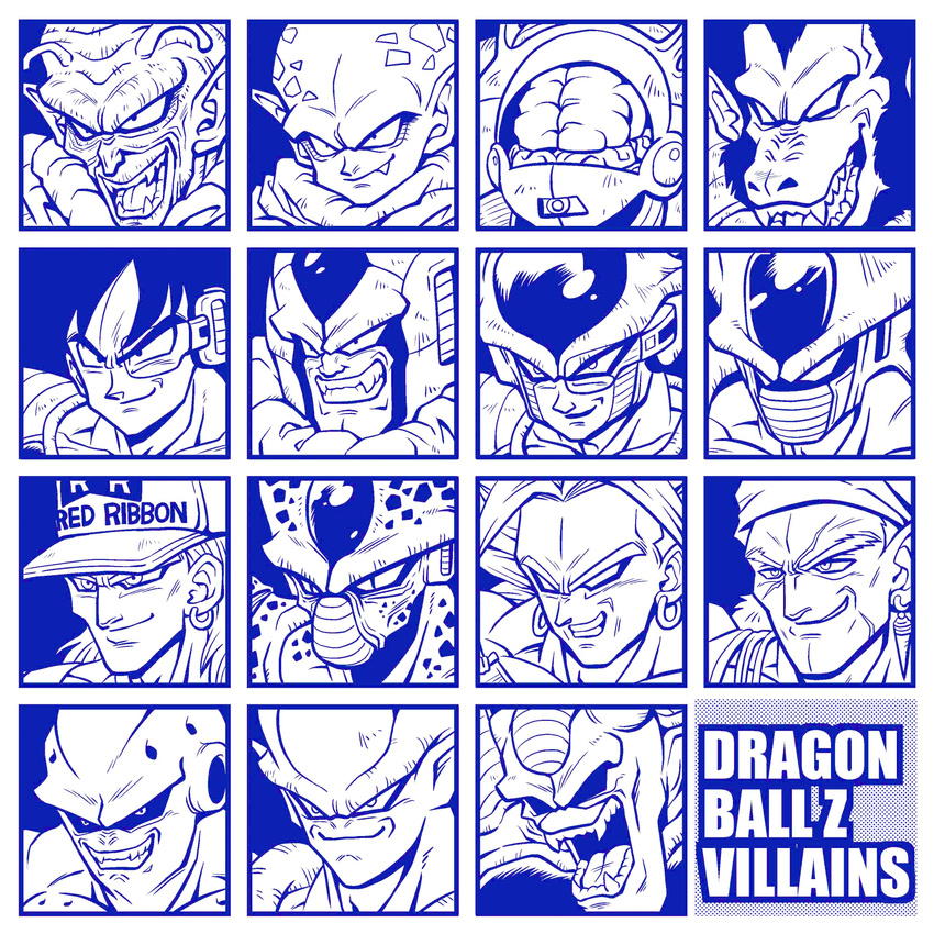 absurdres android_13 bojack brain broly cell_(dragon_ball) cooler_(dragon_ball) copyright_name dr._wheelo dragon_ball dragon_ball_(classic) dragon_ball_z earrings english fang frieza garlic_jr. grin hat highres hirudegarn janemba jewelry legendary_super_saiyan lord_slug majin_buu monochrome monster multiple_boys oozaru open_mouth piccolo_daimaou red_ribbon_army scouter shinomiya_akino slit_pupils smile super_saiyan teeth tullece vegeta