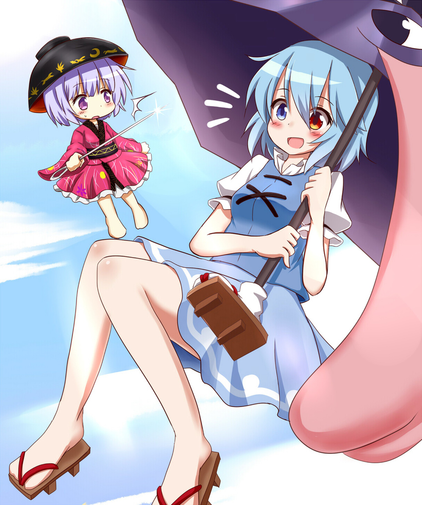 2girls barefoot blue_hair blue_sky bowl bowl_hat cloud commentary_request day geta glint hachimi hat heterochromia highres holding_needle japanese_clothes karakasa_obake kimono long_sleeves minigirl multiple_girls needle obi open_mouth puffy_short_sleeves puffy_sleeves purple_eyes purple_hair sash shirt short_hair short_sleeves skirt sky smile sukuna_shinmyoumaru surprised tatara_kogasa touhou umbrella vest wide_sleeves