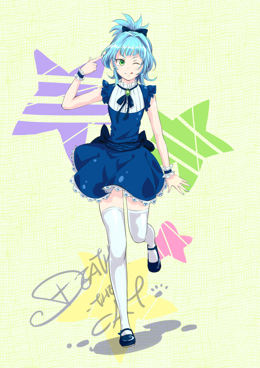 ;q absurdres blue_hair bow crossdressing death-the-cat dress full_body green_eyes hair_bow highres male_focus mary_janes one_eye_closed otoko_no_ko ponytail ribbon shiun'in_sora shoes smile solo thighhighs tongue tongue_out white_legwear yuu-gi-ou yuu-gi-ou_arc-v