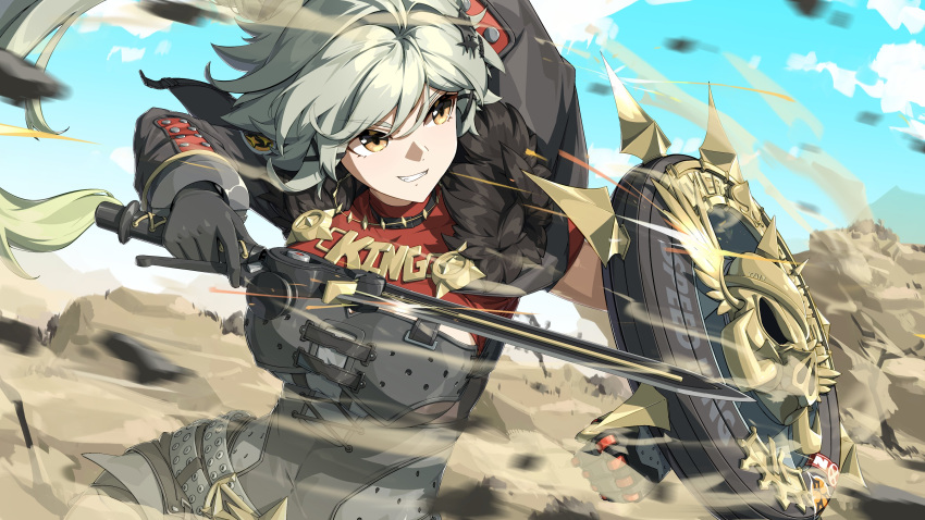 1girl absurdres belt black_gloves breasts caesar_king_(zenless_zone_zero) cloud fur_trim gloves green_hair hair_between_eyes hair_ornament highres holding holding_shield holding_sword holding_weapon horns jacket long_hair shield smile solo sword upper_body weapon yan_(unicorn404) yellow_eyes zenless_zone_zero