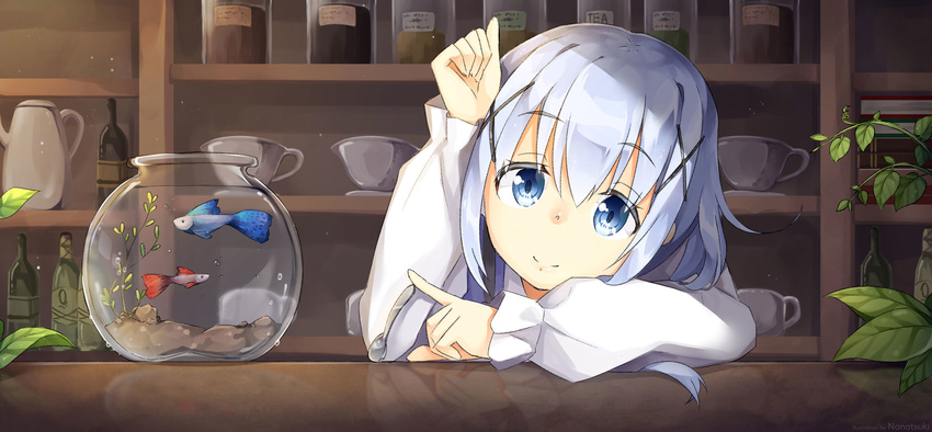 blue_eyes blue_hair bottle counter cup fish fishbowl gochuumon_wa_usagi_desu_ka? hair_ornament hairclip highres indoors kafuu_chino leaf leaning_forward long_hair looking_at_viewer nana_(kuu_haku) pitcher plant rabbit_house_uniform reflection smile solo spoon table upper_body x_hair_ornament