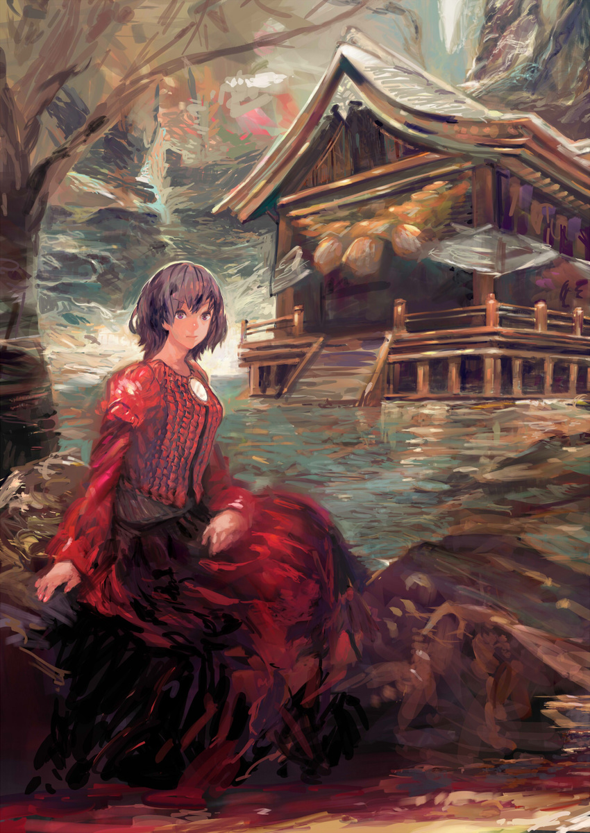 adapted_costume alternate_costume commentary_request ground hand_on_lap highres long_skirt long_sleeves looking_afar mirror moriya_shrine mountain no_headwear onion_(onion_and_pi-natto) purple_eyes purple_hair red_shirt red_skirt shirt short_hair sitting skirt solo stairs touhou tree yasaka_kanako