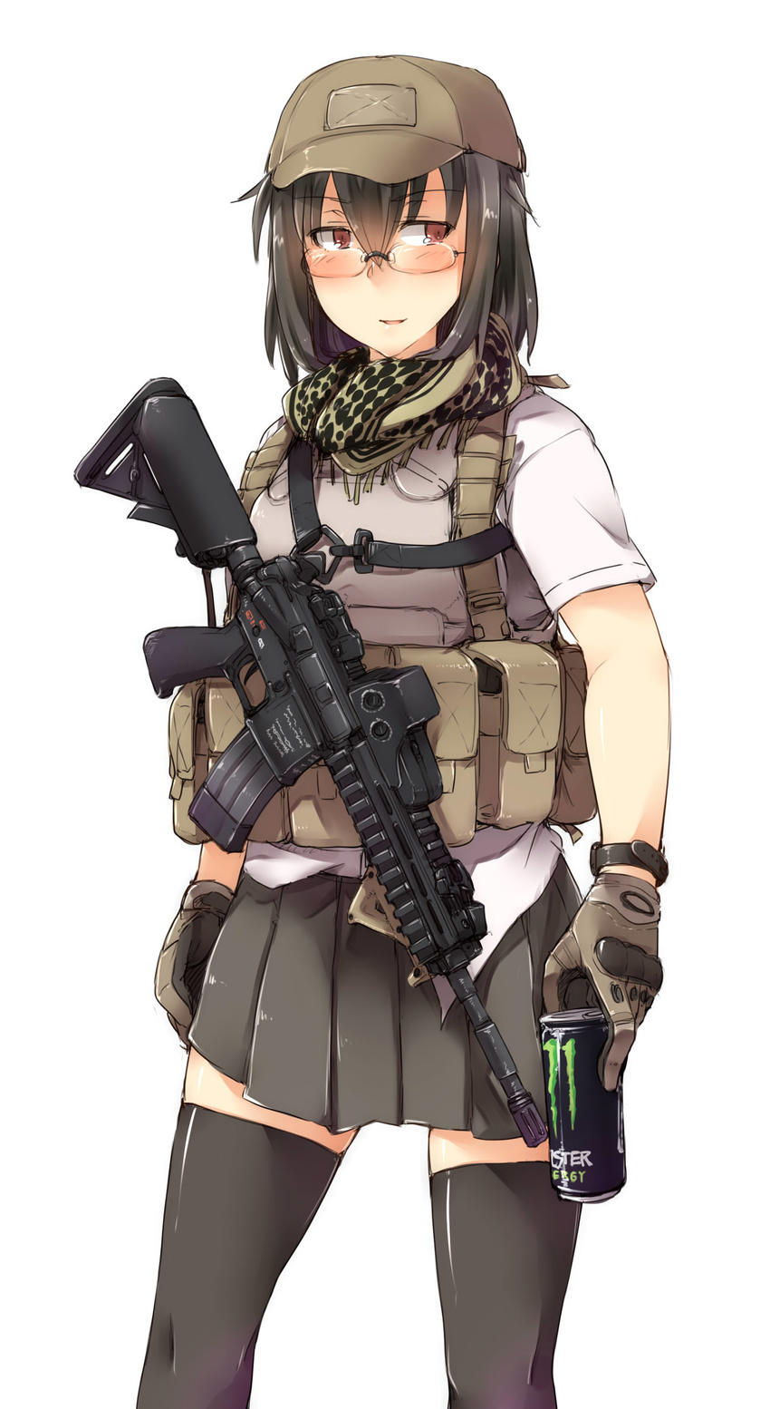 angled_foregrip ar-15 assault_rifle ayyh black_hair energy_drink eotech glasses gloves gun hat heckler_&amp;_koch highres hk416 keffiyeh load_bearing_vest monster_energy original red_eyes rifle scarf simple_background solo thighhighs watch weapon white_background wristwatch zettai_ryouiki