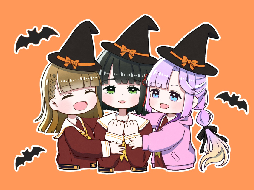 3girls :d ^_^ anyoji_hime bat_(animal) black_hair black_hat black_ribbon blonde_hair blue_eyes blunt_bangs blunt_ends braid brown_dress brown_hair center-flap_bangs closed_eyes commentary_request cropped_torso dress flower flower_knot gradient_hair green_eyes group_hug hair_flower hair_ornament hair_ribbon hasu_no_sora_school_uniform hat highres hood hooded_jacket hug jacket kachimachi_kosuzu light_blush link!_like!_love_live! long_hair long_sleeves looking_at_viewer love_live! momose_ginko multi-tied_hair multicolored_hair multiple_girls neckerchief okome_(okome_l_l) open_clothes open_jacket open_mouth orange_background outline pink_jacket ponytail purple_hair ribbon sailor_collar sailor_dress school_uniform short_hair side_braids sidelocks smile straight_hair swept_bangs virtual_youtuber w_arms white_outline white_sailor_collar winter_uniform witch_hat yellow_neckerchief