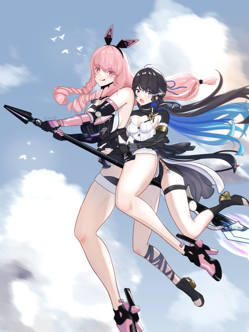 2girls absurdres animal_ears ayla:_kaleido_(pgr) ayla_(pgr) black_hair black_shirt blue_hair breasts chikarit cleavage closed_mouth colored_inner_hair dress drill_hair fake_animal_ears flying high_heels highres joints large_breasts long_hair long_sidelocks mechabare mechanical_arms mechanical_foot multicolored_hair multiple_girls pink_eyes pink_hair punishing:_gray_raven purple_eyes rabbit_ears robot_joints scared selena:_capriccio_(pgr) selena_(pgr) shirt side_drill sidelocks single_mechanical_arm thigh_strap tongue tongue_out white_dress
