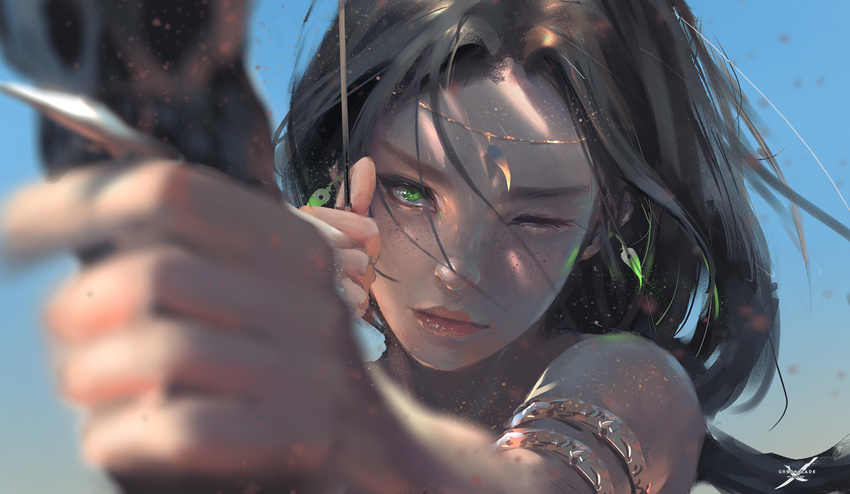 aiming armlet arrow bare_shoulders black-haired_girl_(wlop) black_hair blue_background blurry bow_(weapon) close-up closed_mouth depth_of_field drawing_bow earrings expressionless eyelashes face foreshortening freckles ghostblade green_eyes head_chain holding holding_weapon jewelry light_particles lips logo long_hair looking_at_viewer messy_hair one_eye_closed shadow solo weapon wlop