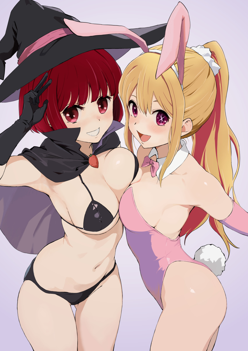 2girls :d absurdres animal_ears arima_kana bikini black_bikini black_cape black_hat blonde_hair bow bowtie breasts cape cleavage cowboy_shot detached_collar fake_animal_ears grey_cape grin hat highres hoshino_ruby large_breasts multiple_girls navel oshi_no_ko pink_bow pink_bowtie playboy_bunny pomerachi ponytail rabbit_ears rabbit_tail red_eyes red_hair smile star-shaped_pupils star_(symbol) swimsuit symbol-shaped_pupils tail teeth two-tone_cape witch_hat