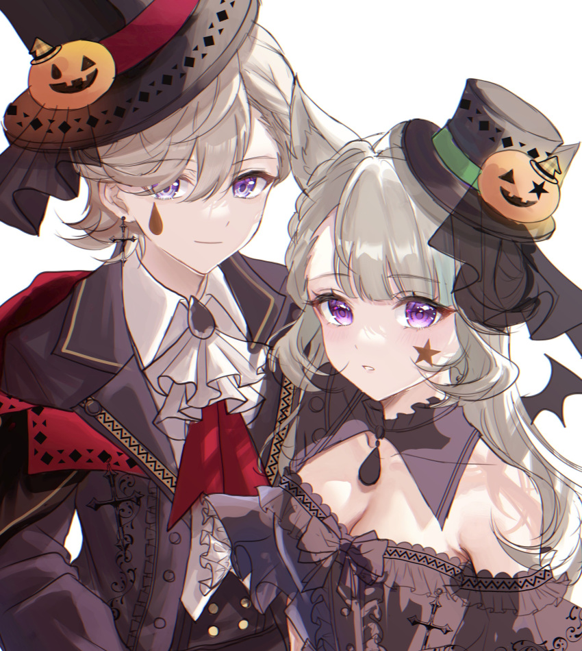 1boy 1girl absurdres ascot bare_shoulders black_hat black_jacket black_ribbon breasts brother_and_sister cleavage detached_sleeves dress genshin_impact grey_hair hat hat_ribbon highres jacket long_hair looking_at_viewer lynette_(genshin_impact) lyney_(genshin_impact) nk7ss off-shoulder_dress off_shoulder purple_eyes ribbon siblings smile top_hat unfinished very_long_hair white_ascot white_background