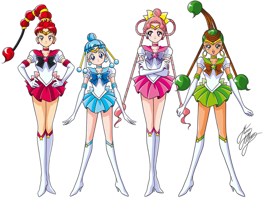 amazons_quartet bishoujo_senshi_sailor_moon black_bow blue_bow blue_eyes blue_hair blue_sailor_collar blue_skirt boots bow brooch brown_bow cerecere_(sailor_moon) choker crossed_arms earrings elbow_gloves full_body gloves green_eyes green_hair green_skirt hair_bow hair_bun hair_rings hands_on_hips jewelry junjun_(sailor_moon) knee_boots light_blue_hair long_hair magical_girl marco_albiero multi-tied_hair multiple_girls pallapalla_(sailor_moon) pink_hair pink_sailor_collar pink_skirt purple_bow red_eyes red_hair red_skirt sailor_ceres sailor_collar sailor_juno sailor_pallas sailor_senshi sailor_senshi_uniform sailor_vesta short_hair signature skirt smile standing tan tiara twintails vesves_(sailor_moon) white_background white_footwear white_gloves yellow_bow