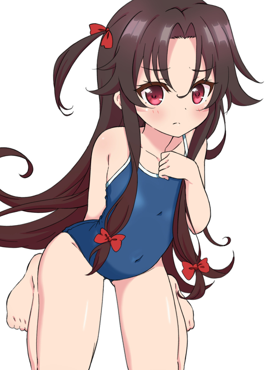 arm_behind_back barefoot black_hair blue_swimsuit bow commentary_request covered_navel feet flat_chest hair_bow hand_on_own_chest highres hokoro kneeling long_hair one-piece_swimsuit red_eyes ribbon ryuuou_no_oshigoto! school_swimsuit side_ponytail simple_background solo swimsuit thighs toes white_background yashajin_ai