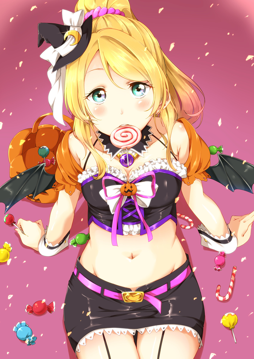 ayase_eli bat_wings belt blonde_hair blue_eyes candy food food_in_mouth garter_straps hair_ornament hair_scrunchie halloween halloween_costume hat highres ksk_(semicha_keisuke) lollipop love_live! love_live!_school_idol_project midriff mini_hat mini_witch_hat miniskirt mouth_hold navel ponytail scrunchie sitting skirt solo swirl_lollipop wings witch_hat wrist_cuffs