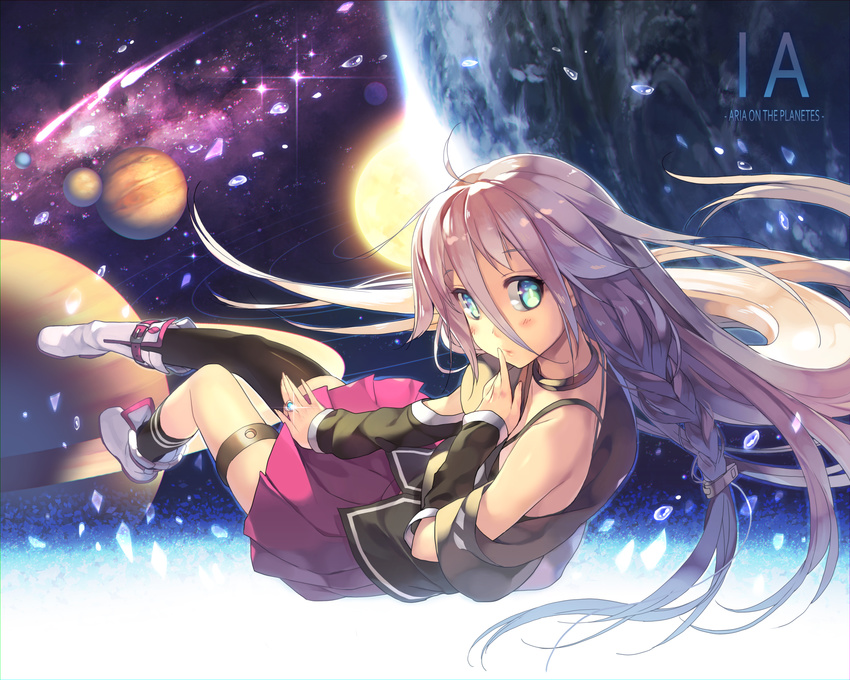 ahoge asymmetrical_legwear bare_shoulders blue_eyes blush boots braid breasts bright_pupils character_name choker earth finger_to_mouth floating_hair full_body hair_between_eyes highres ia_(vocaloid) index_finger_raised jewelry jupiter karpin lens_flare long_hair looking_at_viewer off_shoulder planet pleated_skirt ring saturn single_thighhigh skirt skirt_tug small_breasts socks solar_system solo space sun thigh_strap thighhighs twin_braids uranus very_long_hair vocaloid white_hair