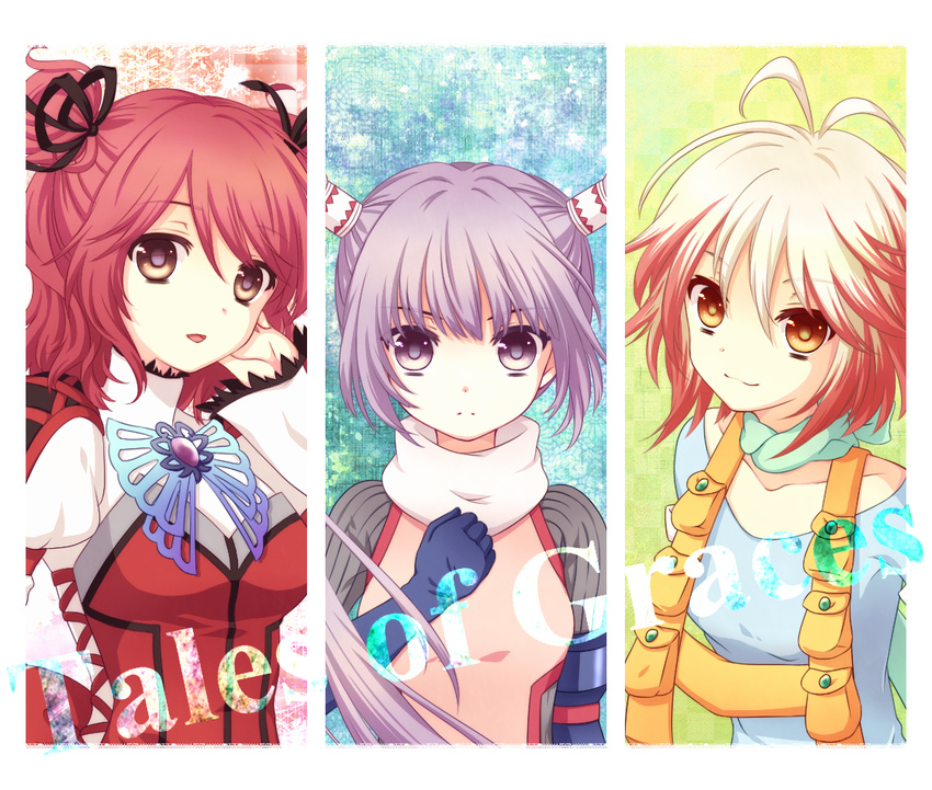 blue_shirt brown_eyes brown_hair cheria_barnes copyright_name elbow_gloves gloves hair_ribbon kai_aki multicolored_hair multiple_girls pascal purple_eyes purple_hair red_hair ribbon shirt short_hair smile sophie_(tales) tales_of_(series) tales_of_graces twintails two-tone_hair two_side_up yellow_eyes